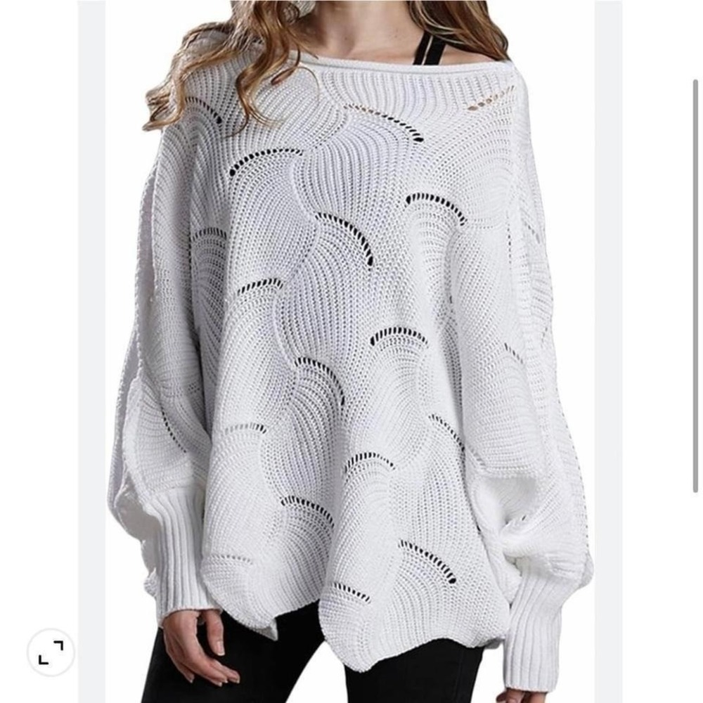 Womens Oversized white knit slouchy pullover sweater OS beach coastal cozy boho